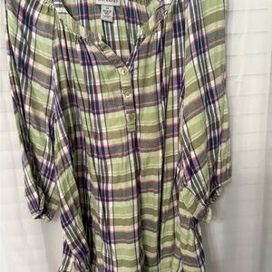 Catherine Womens 2XL Green Plaid Blouse 3/4 Sleeves Peasant Cottage Core Casual